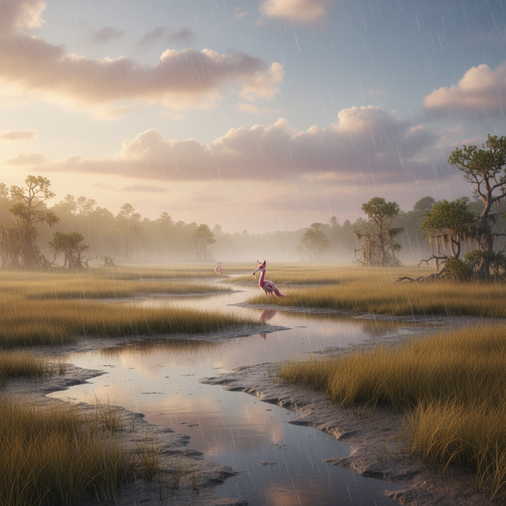 Flamifox in its natural habitat - Coastal wetlands, brackish estuaries, and dense marshy forests.