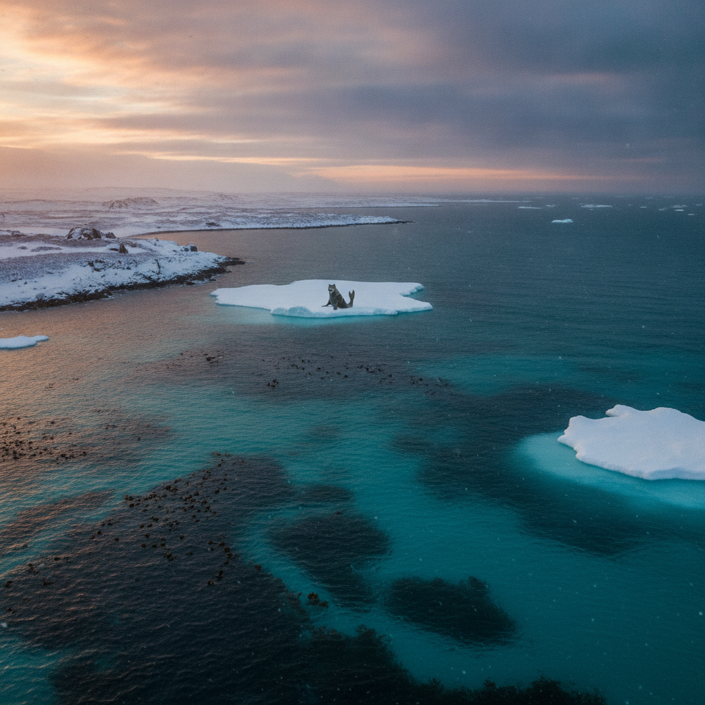 Lupinephoca in its natural habitat - Coastal Arctic and Subarctic regions, particularly around ice floes, rocky shores, and deep-water kelp forests.