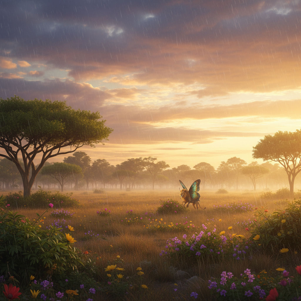 Lumina-Leo in its natural habitat - Open savannas and sunlit clearings within tropical forests, migrating with seasonal blooms.