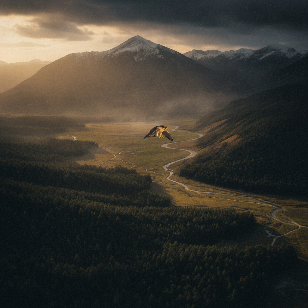 Striderhawk in its natural habitat - Rugged mountain ranges with adjacent open valleys and dense forests