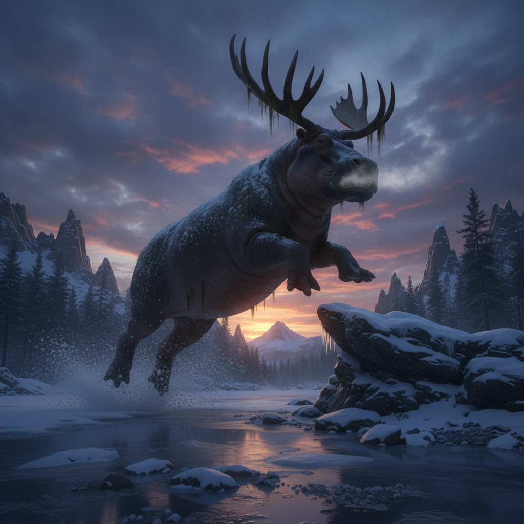 Moosepotamus displaying characteristic behavior