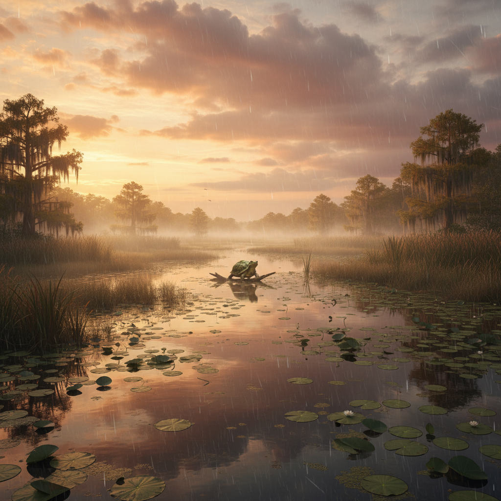 Frortoise in its natural habitat - Humid, freshwater marshlands, slow-moving river deltas, and dense, water-logged forests in temperate and tropical zones.