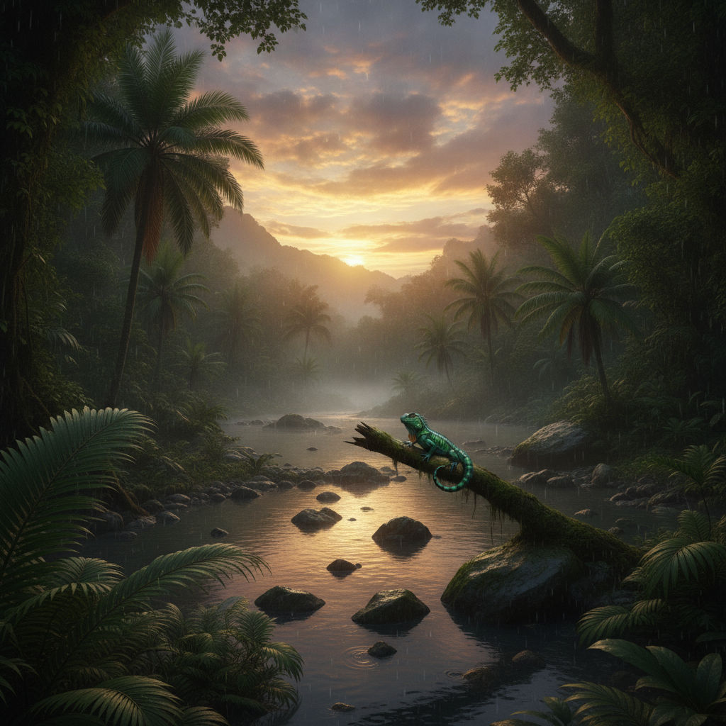 Salamiguana in its natural habitat - Humid tropical rainforests, especially in the lower canopy layer near slow-moving rivers or large, permanent freshwater pools.