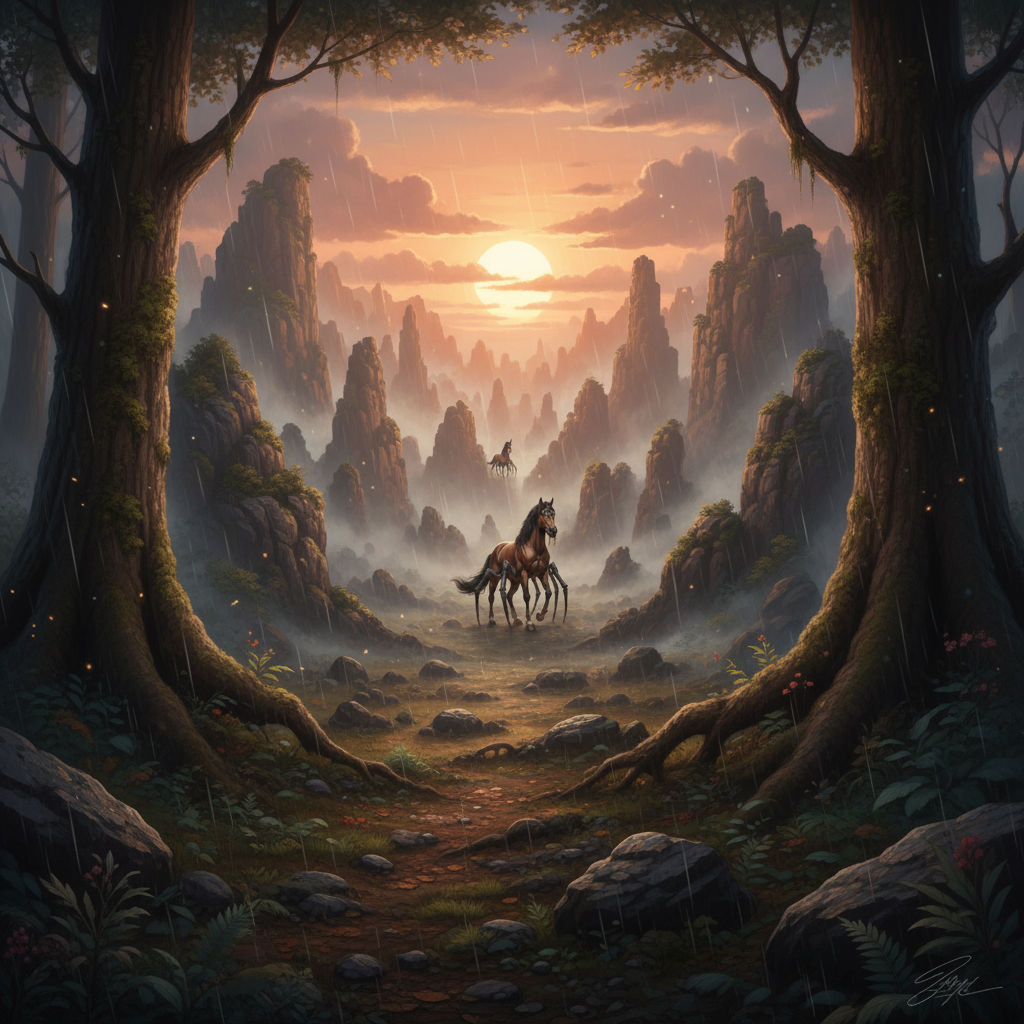 Equarachnid in its natural habitat - Dense, ancient forests with large, sturdy trees, often near rocky outcrops or canyons.