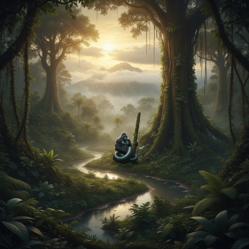 Gorillathon in its natural habitat - Dense Tropical Rainforests and Jungles, near rivers and large trees.