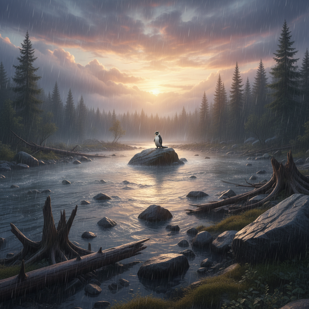 Beaverguin in its natural habitat - Temperate freshwater systems, cold rivers, glacial lakes, often near forested banks