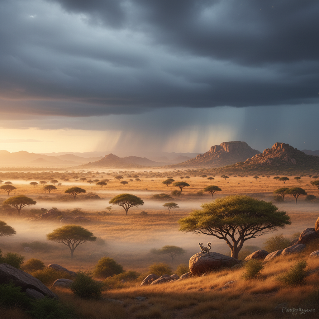 Chitterhyena in its natural habitat - Arid scrublands, open savannas with scattered trees, rocky foothills