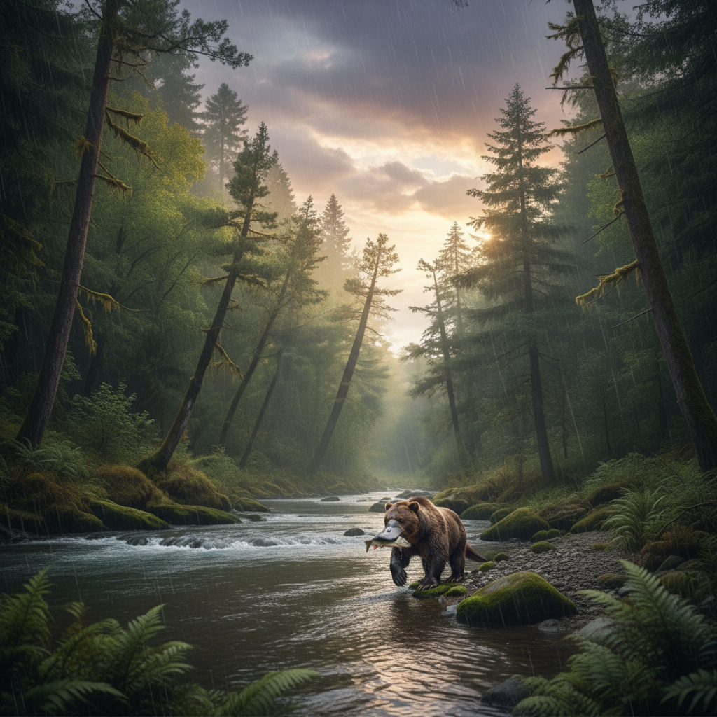 The Platyursa in its natural habitat - Temperate freshwater forests and riparian zones, particularly areas with slow-moving rivers and dense undergrowth.