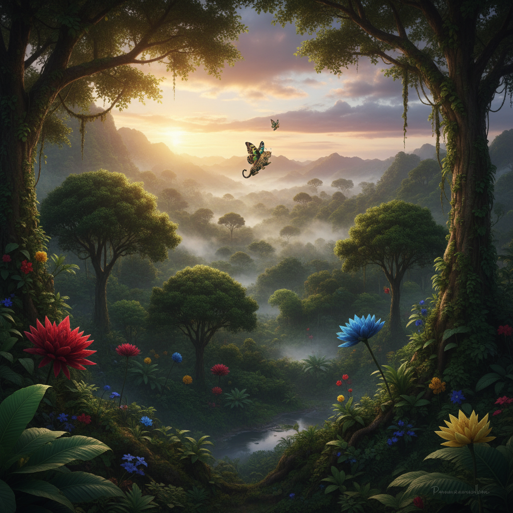 Papiliopard in its natural habitat - Lush, high-canopy tropical rainforests, preferring areas with abundant large flowering plants and open air for flight.