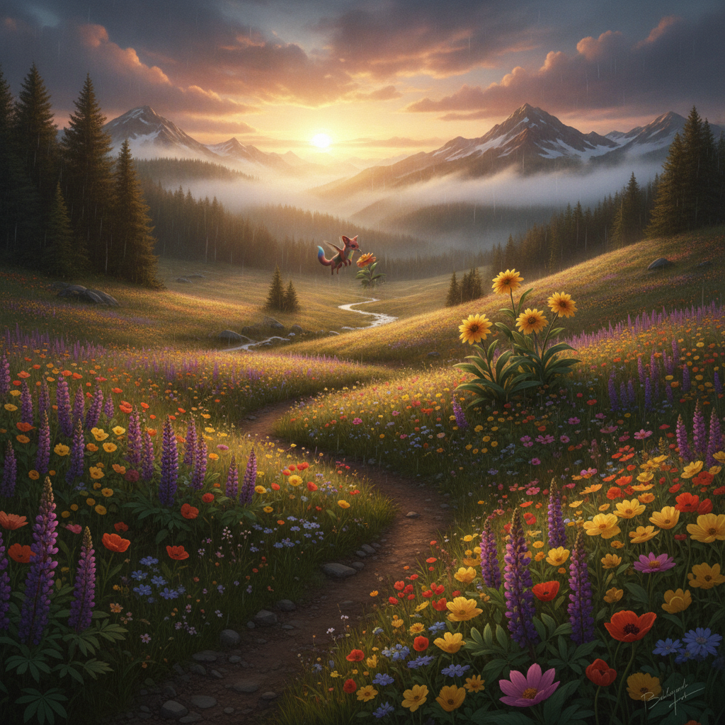 Rubyrine Vulpix in its natural habitat - Temperate Forests and Mountain Meadows, particularly areas with abundant wildflowers