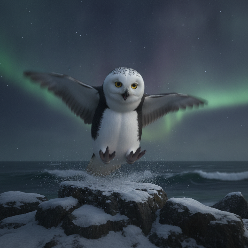 Pengowl displaying characteristic behavior