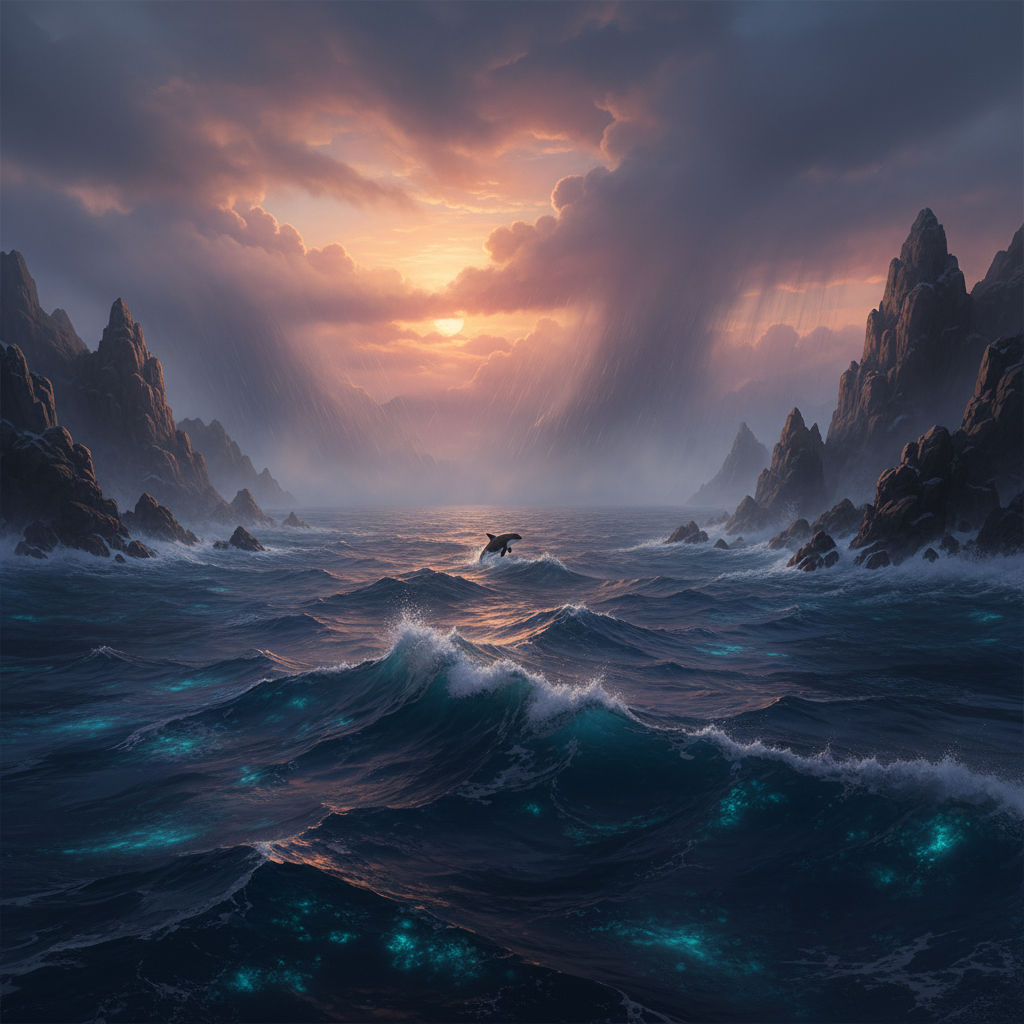 Balephin in its natural habitat - Deep Pelagic Zones, occasionally congregating in nutrient-rich coastal waters or open ocean trenches.