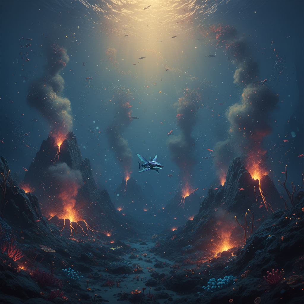 Luminajaw in its natural habitat - Deep Ocean Bioluminescent Zones, particularly around hydrothermal vents and twilight abyssal plains