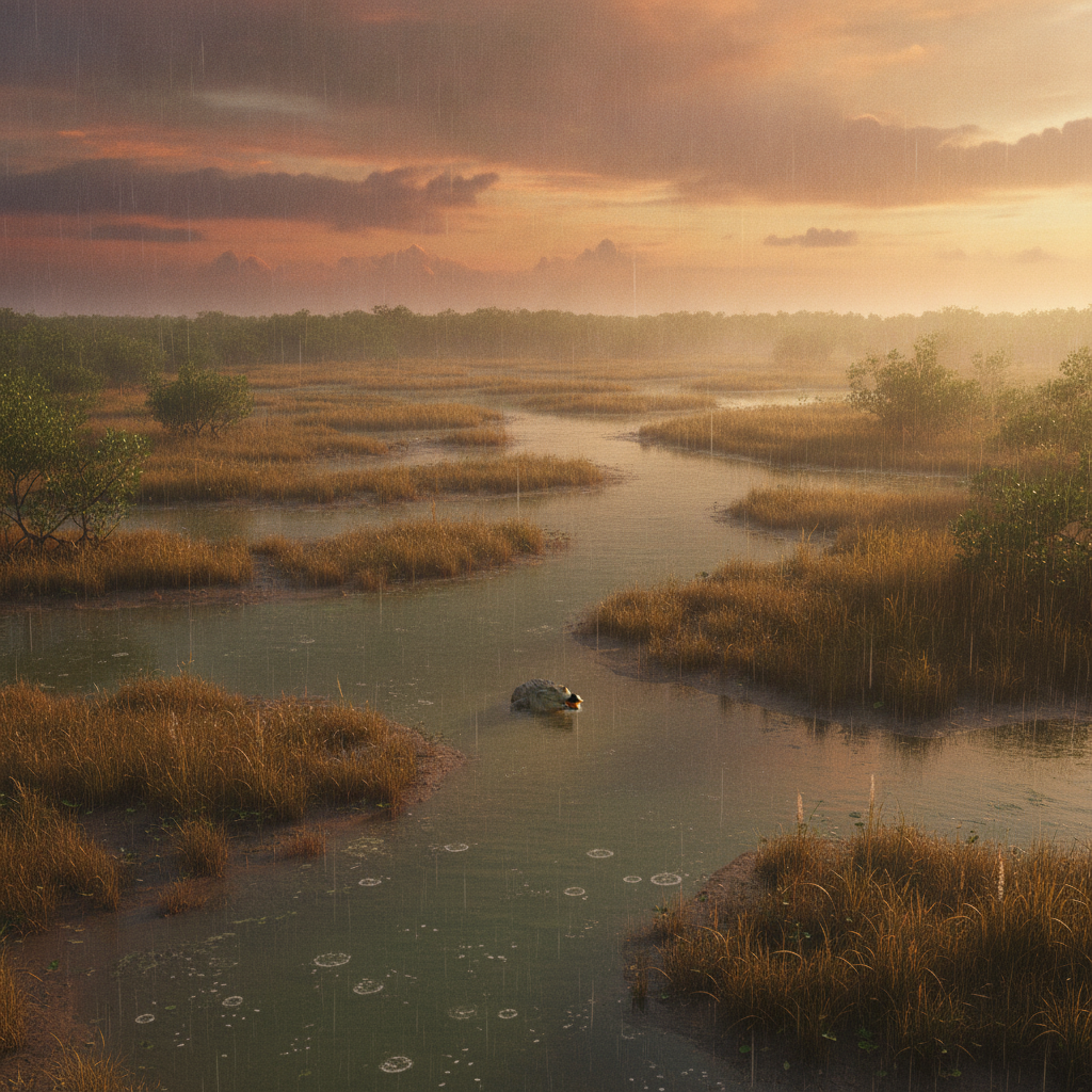 The Crocogator in its natural habitat - Warm Freshwater and Brackish Wetlands, including river deltas, swamps, and coastal marshes where salinity levels fluctuate.