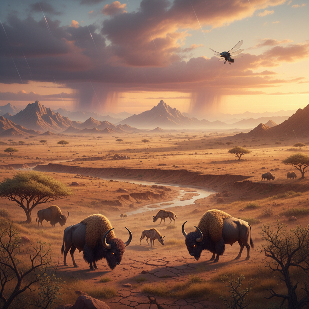 Vulturdrake in its natural habitat - Arid mountain ranges, high plateaus, and vast open savannas where large animals roam and scavenge.