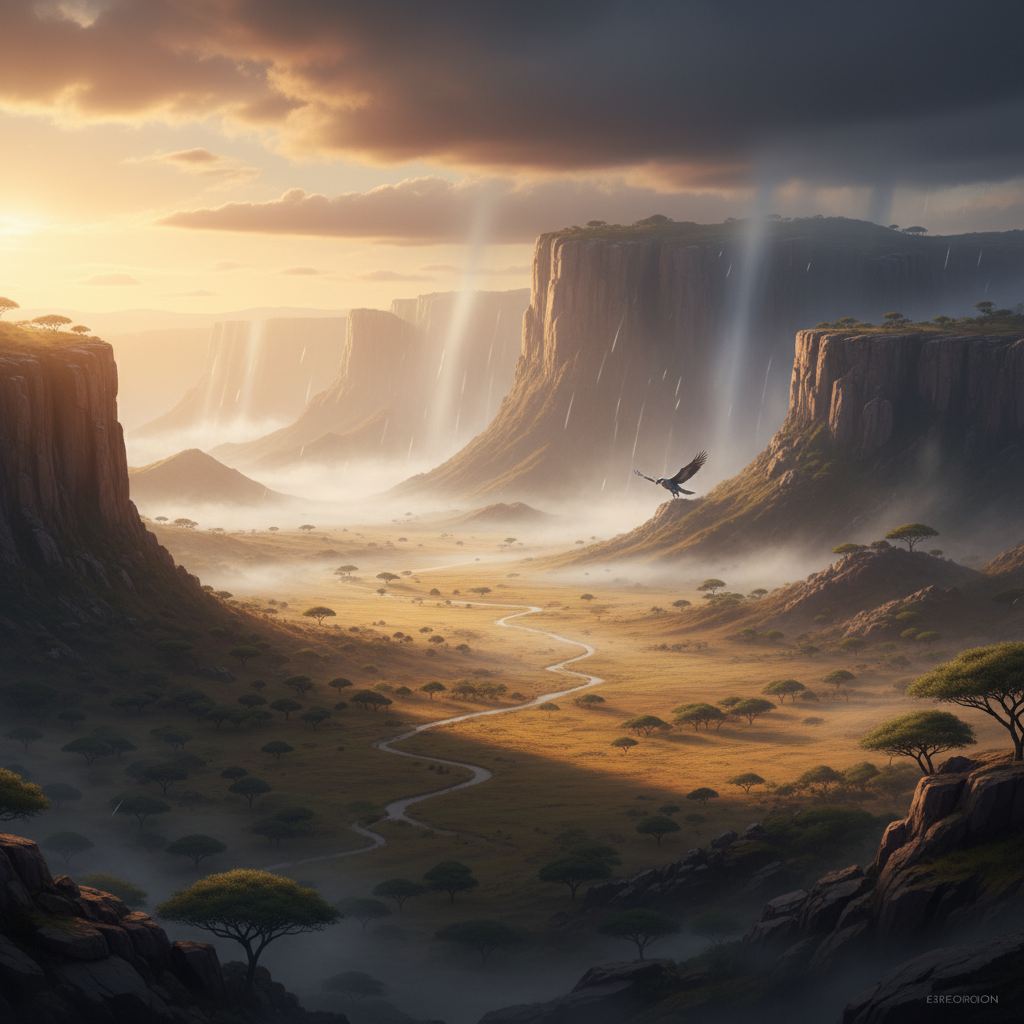 Aeroceros in its natural habitat - High-altitude grasslands, mountainous savannas, and rocky plateaus, often nesting on sheer cliffs overlooking vast plains.