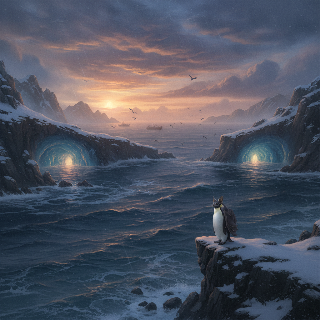 Pengwing in its natural habitat - Coastal cliffs and ice caves in sub-polar regions, near rich fishing grounds.