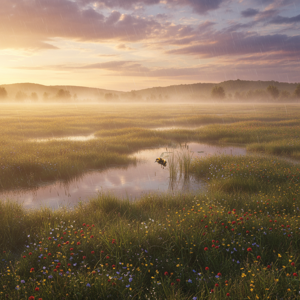 Dumblebee in its natural habitat - Wetlands and marshes bordered by lush meadows and flowering fields.