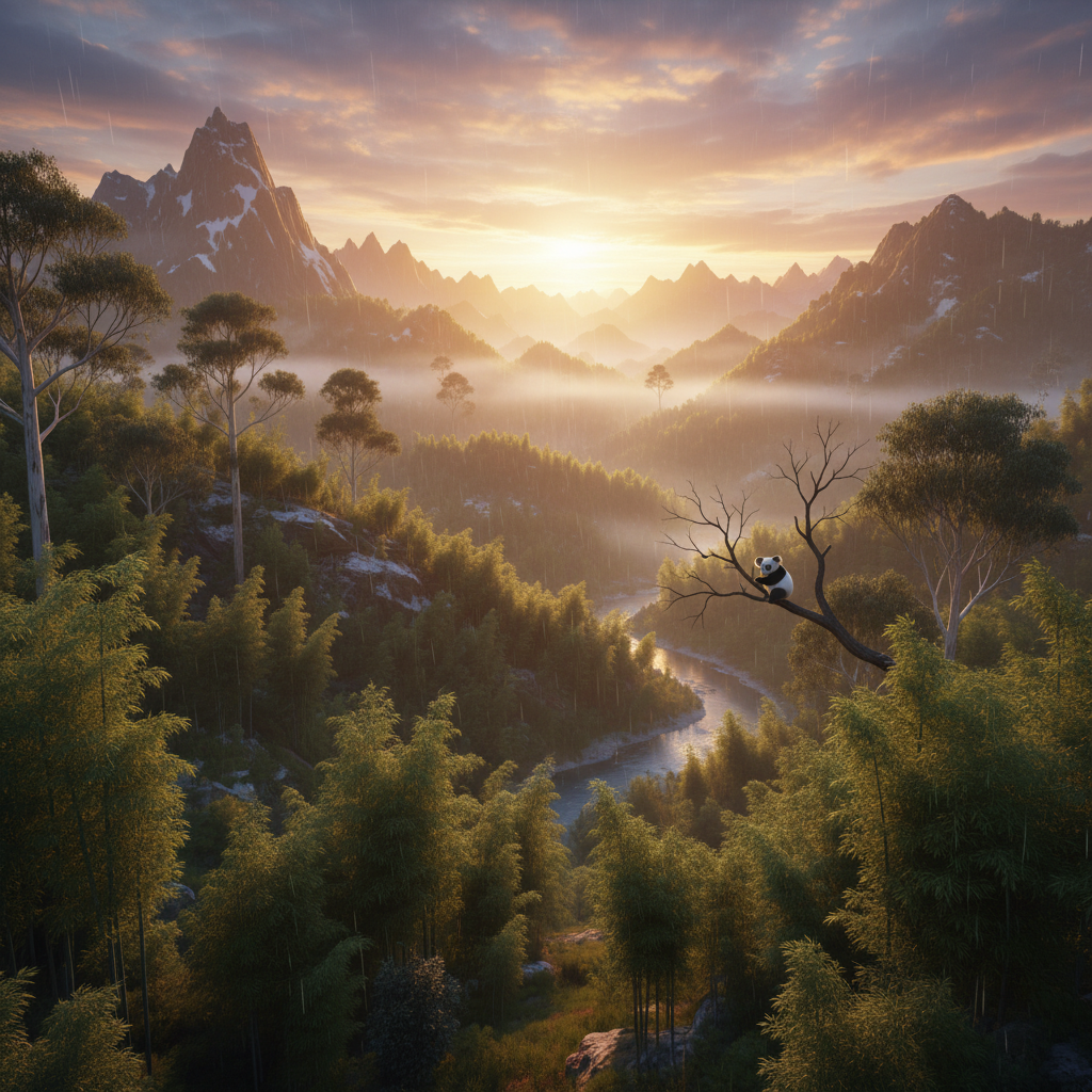 Pandakoala in its natural habitat - Montane Temperate Forests with significant bamboo and eucalyptus growth.