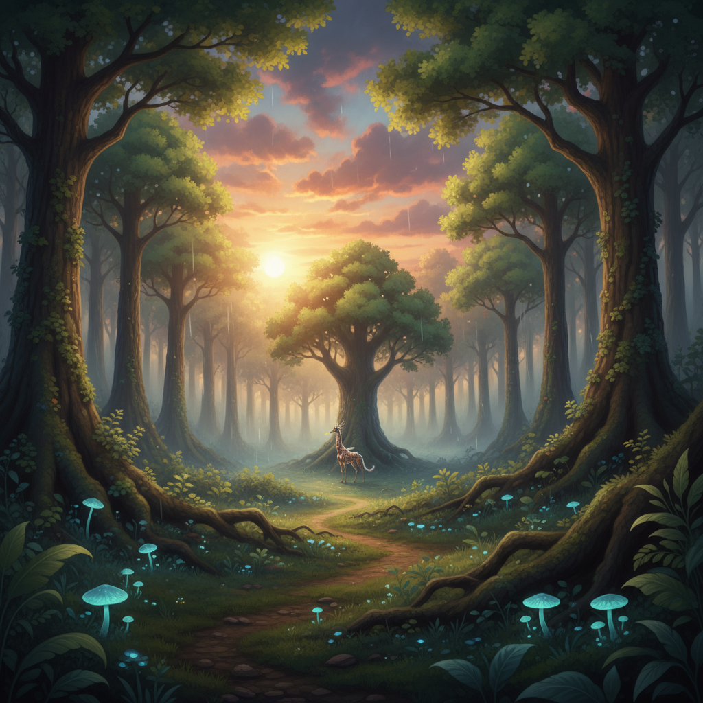 Luminogiraffe in its natural habitat - Mystical forest canopies and secluded clearings near ancient, towering trees, often found in areas with high phosphorescence.