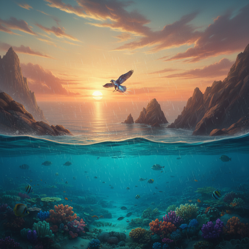 Falcojelly in its natural habitat - Coastal cliffs, open ocean skies, and shallow reef ecosystems
