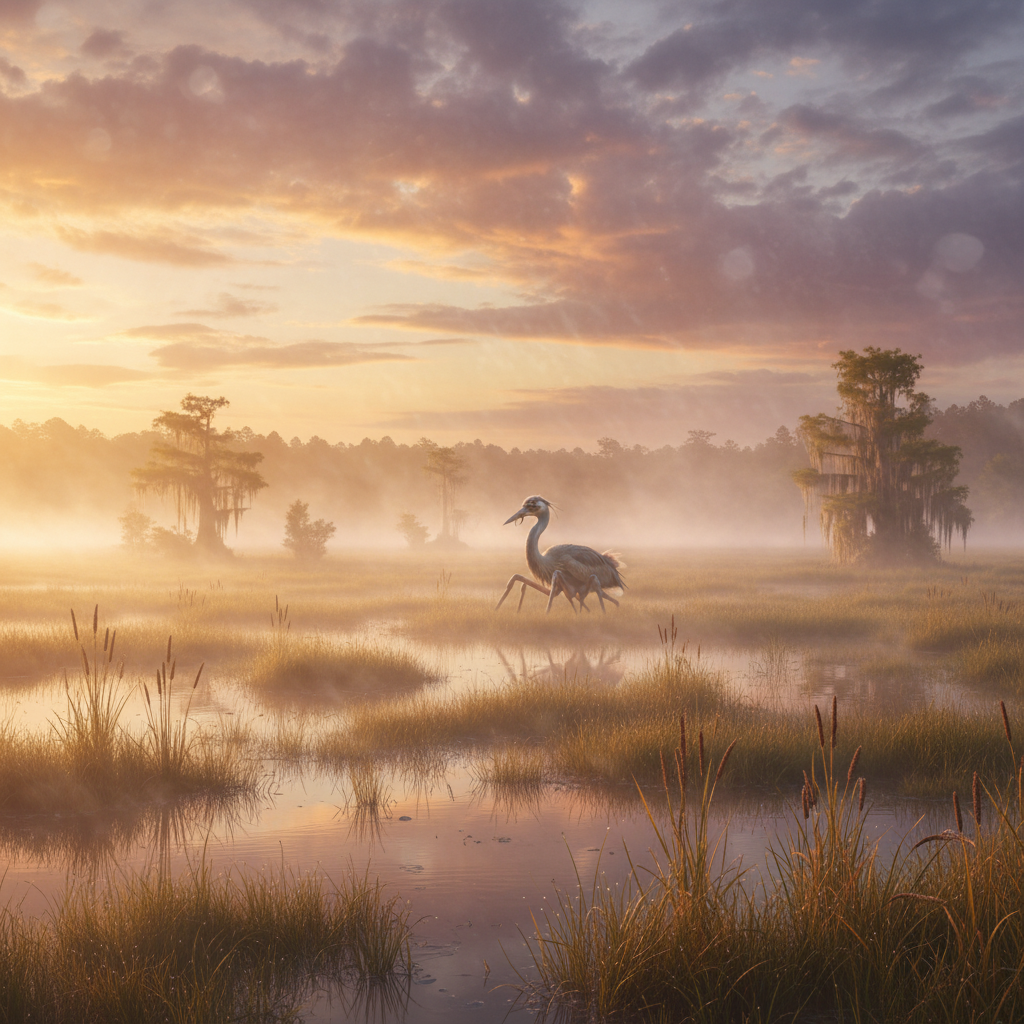 Silkstrider in its natural habitat - Marshlands, Swamps, Open Wetlands with tall reeds