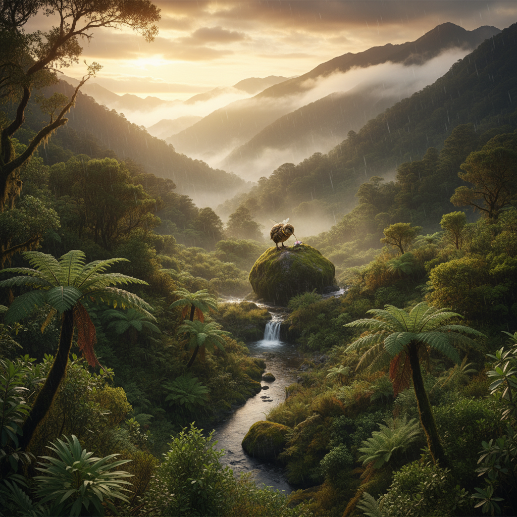 Kibee in its natural habitat - Temperate rainforests and dense scrubland of New Zealand