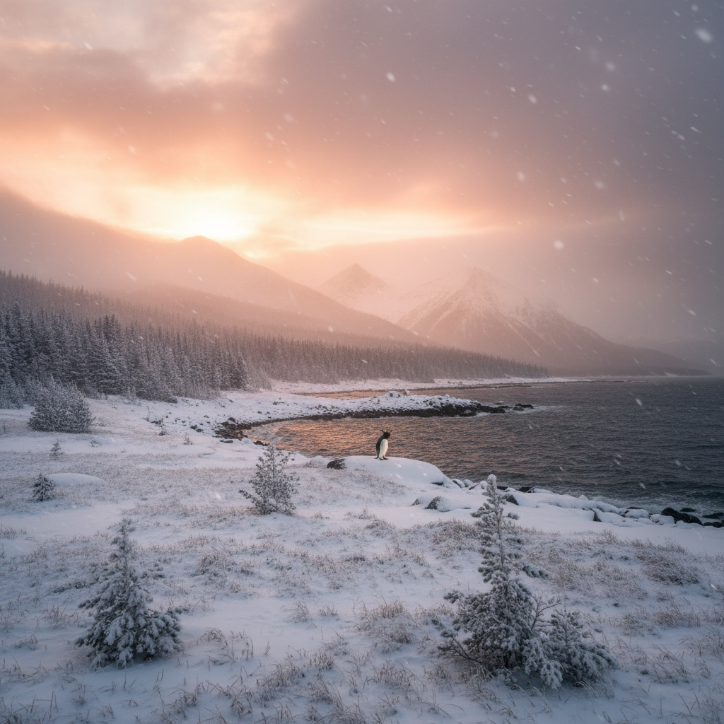 Moosenguin in its natural habitat - Subarctic coastal forests and tundra, with access to cold ocean waters