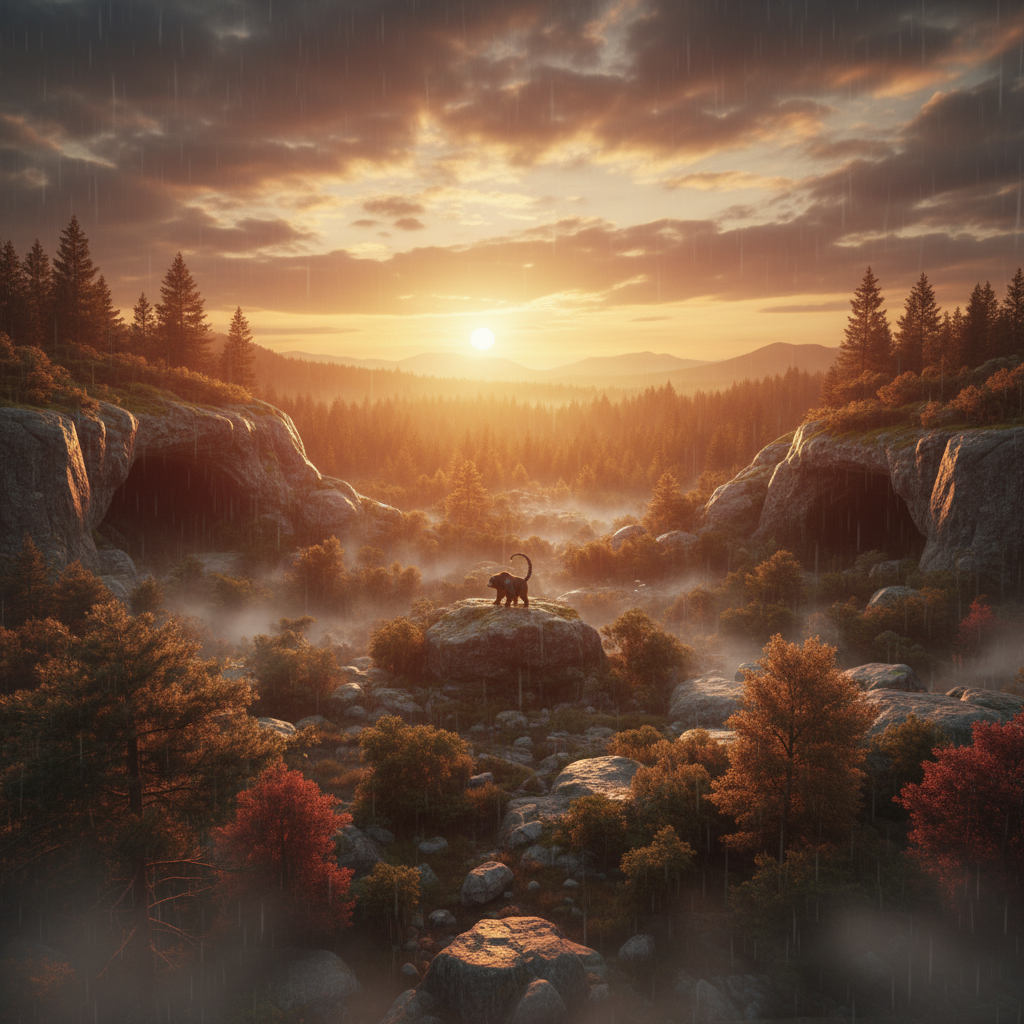 Ursoscorp in its natural habitat - Temperate Forests with rocky terrain, dense undergrowth, and large cave systems.