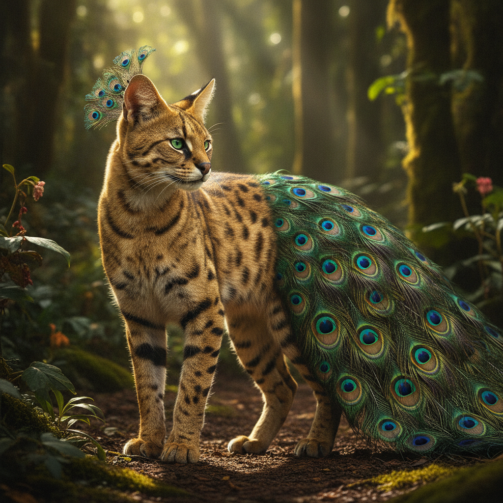 Pawcock - cat and peacock hybrid