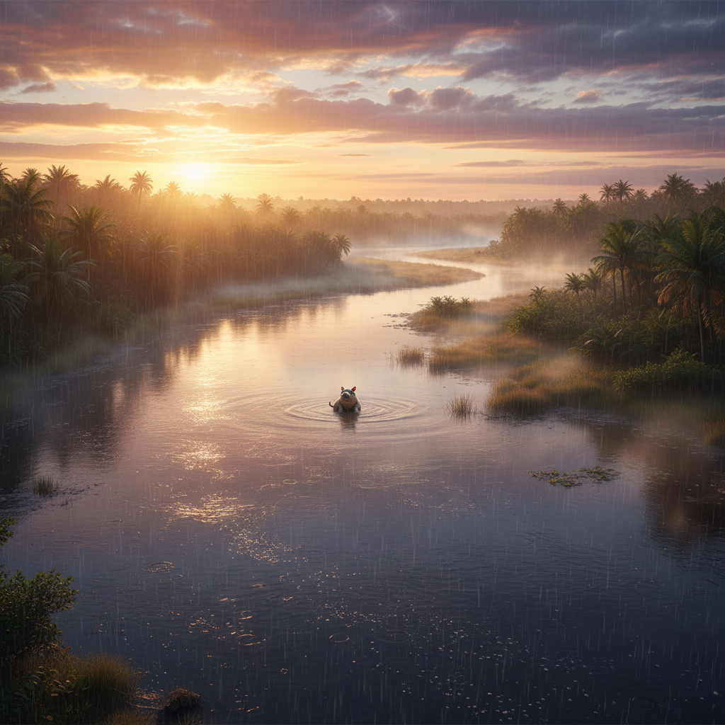 Purrpotamus in its natural habitat - Lush freshwater river systems, wetlands, and dense riparian forests