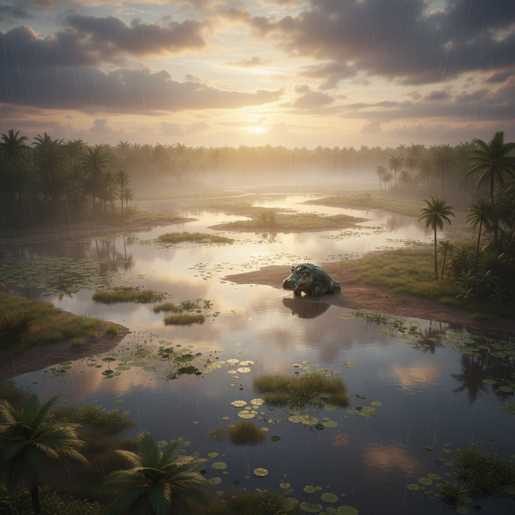 Crocopotamus in its natural habitat - Large tropical rivers, vast freshwater lakes, and extensive swamp systems, particularly those with dense aquatic vegetation and muddy banks.