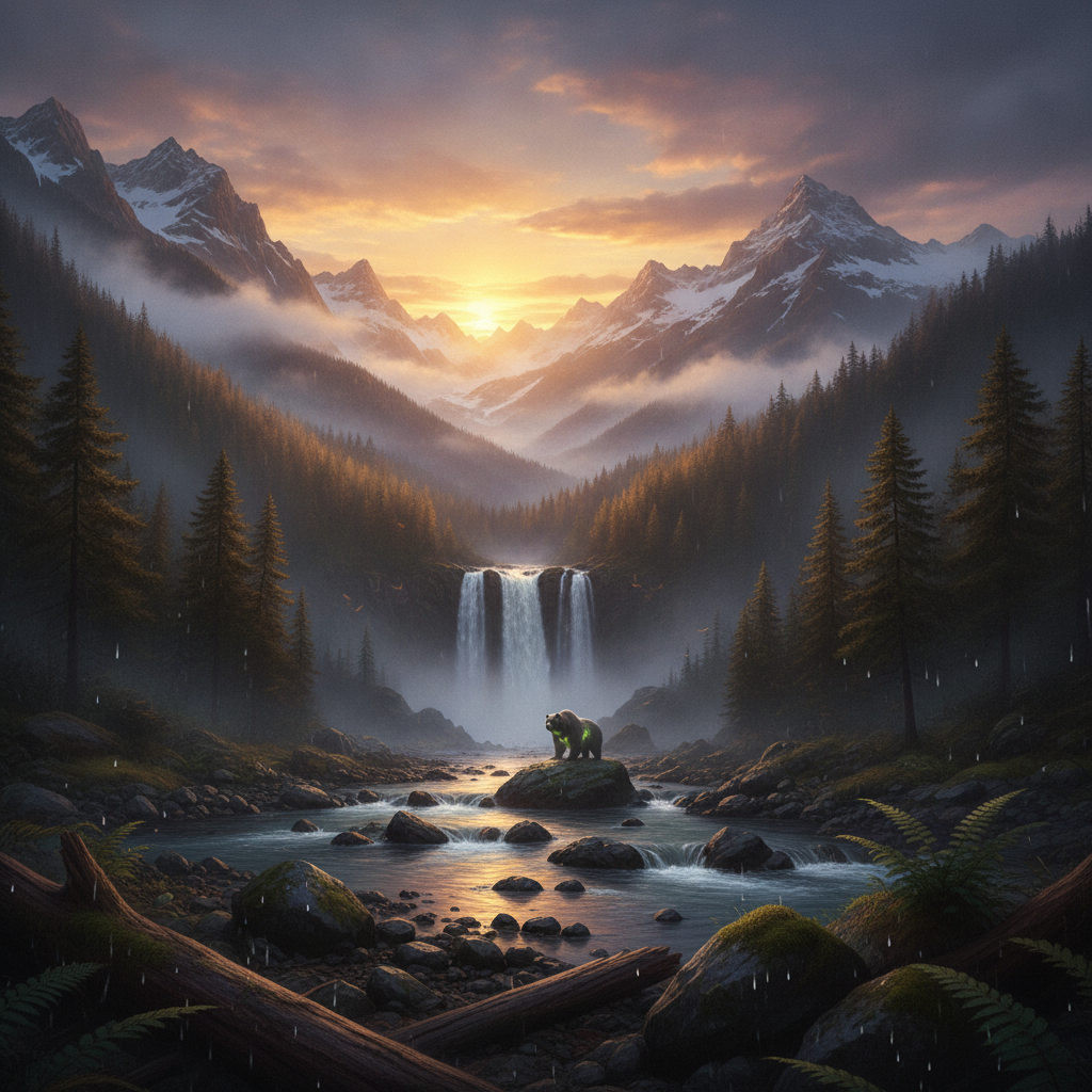Glowbear in its natural habitat - Temperate Forests and Mountainous Regions, particularly near water sources