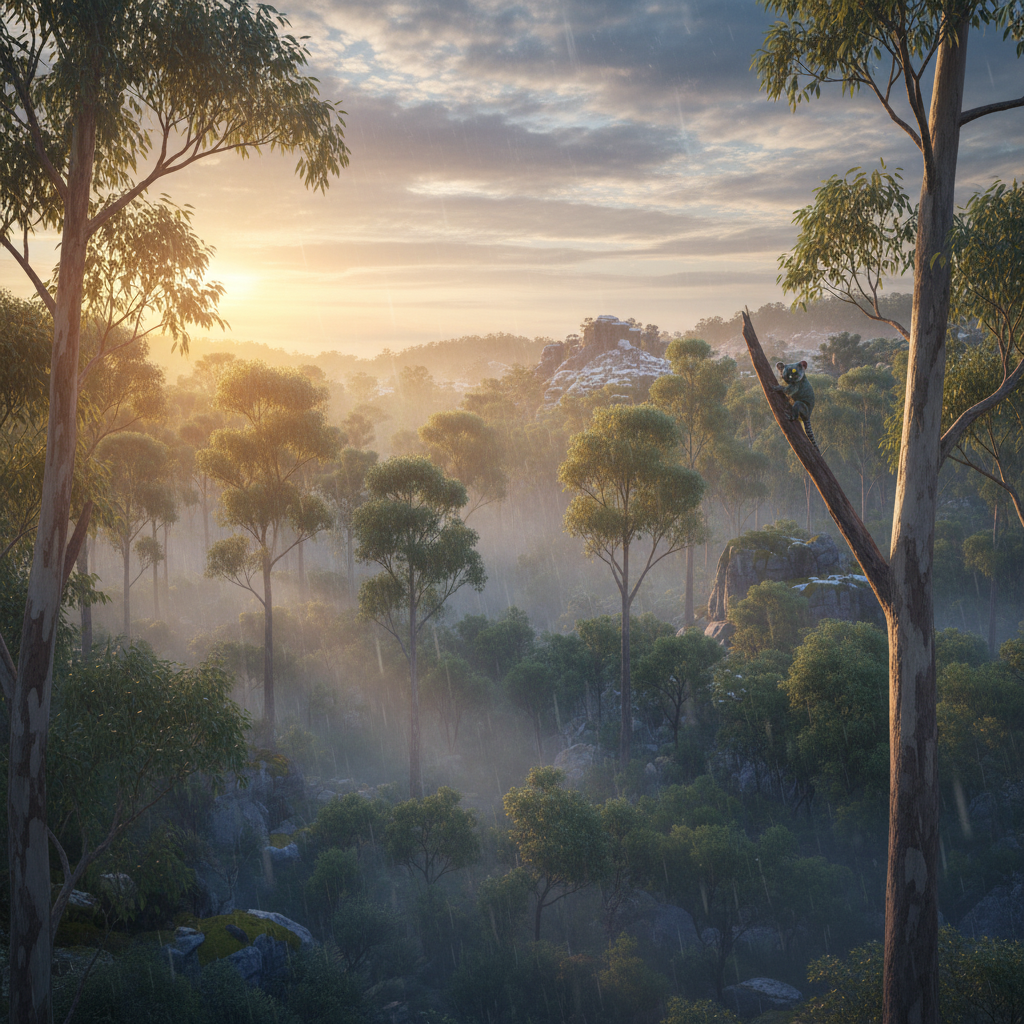 Geckoala in its natural habitat - Eucalyptus forests, particularly those with dense canopies and occasional rock formations.