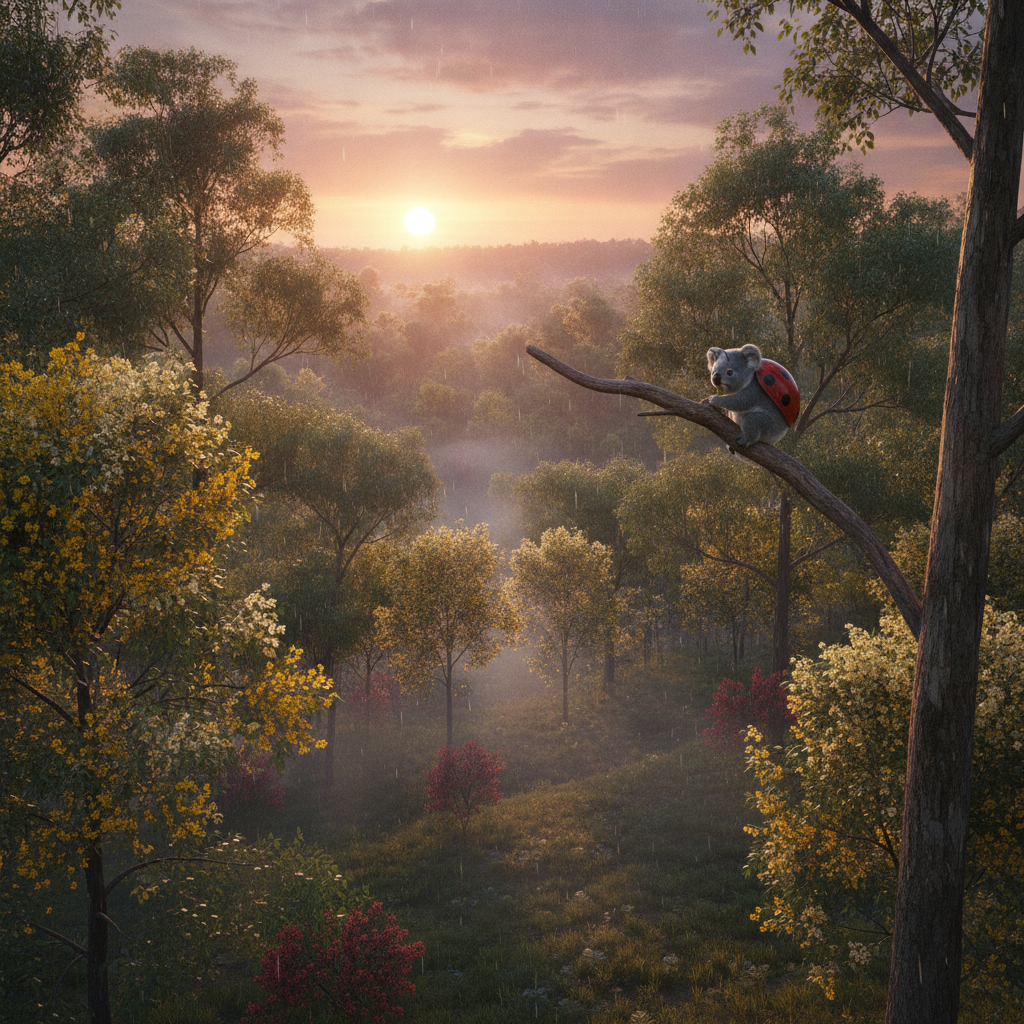 Koalady in its natural habitat - Eucalyptus forests and temperate woodlands with abundant flowering trees.
