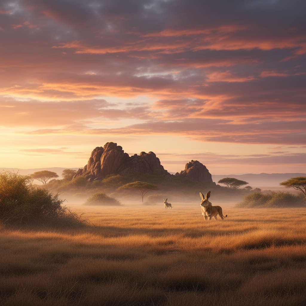 Leoporion (The Lion-Hare) in its natural habitat - Grassy plains and savannas, often near rocky outcrops or dense brush for cover.