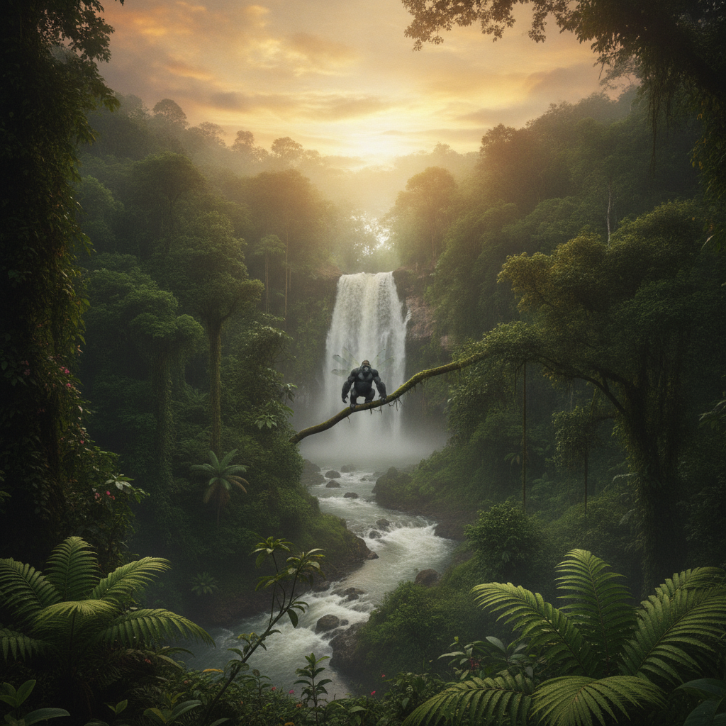 Dragarilla in its natural habitat - Dense tropical rainforest canopies, preferring areas near swift-flowing rivers and misty waterfalls for optimal hunting and hydration.