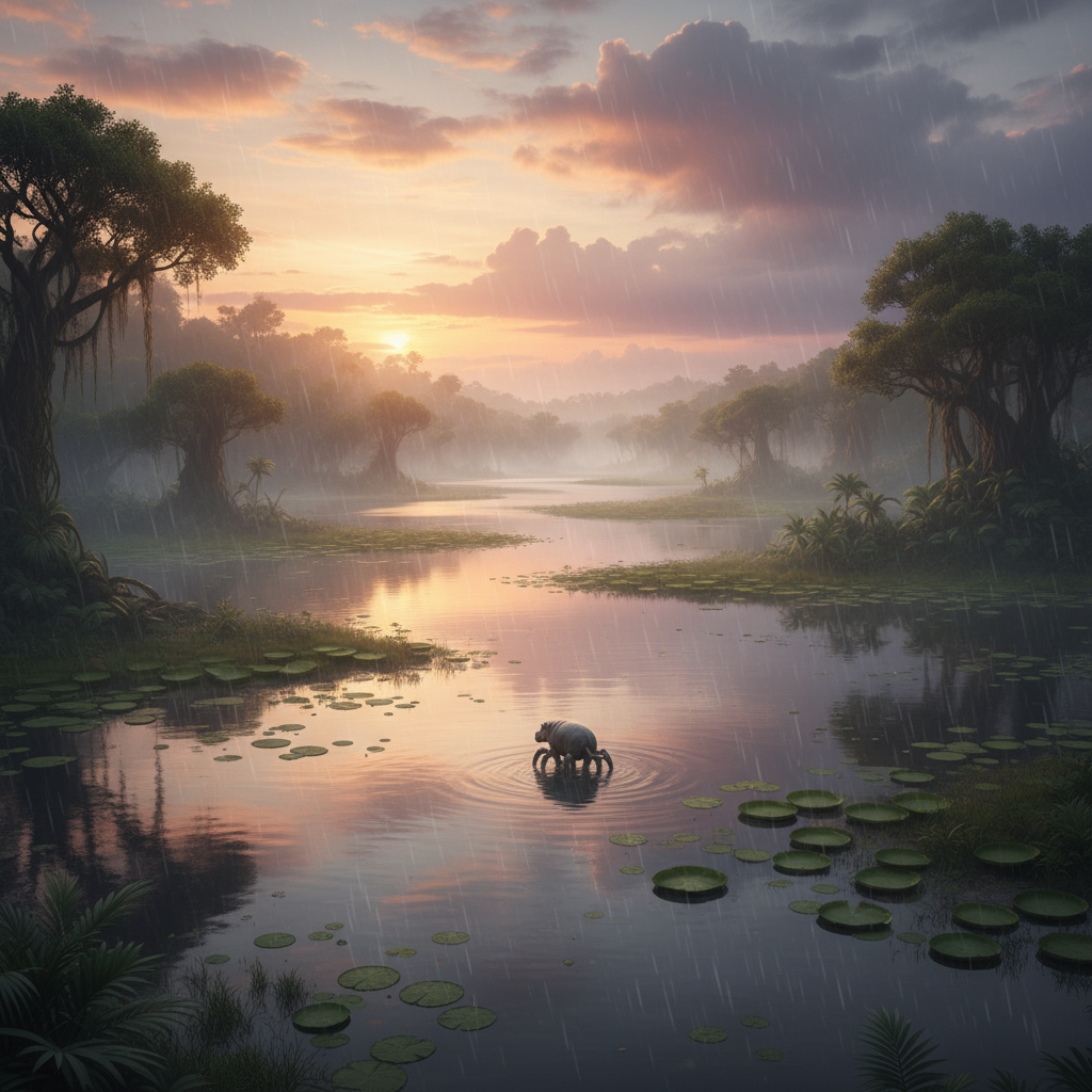 Spidopotamus in its natural habitat - Freshwater rivers, large lakes, and extensive swamp systems in tropical and subtropical regions, preferring areas with dense aquatic vegetation.