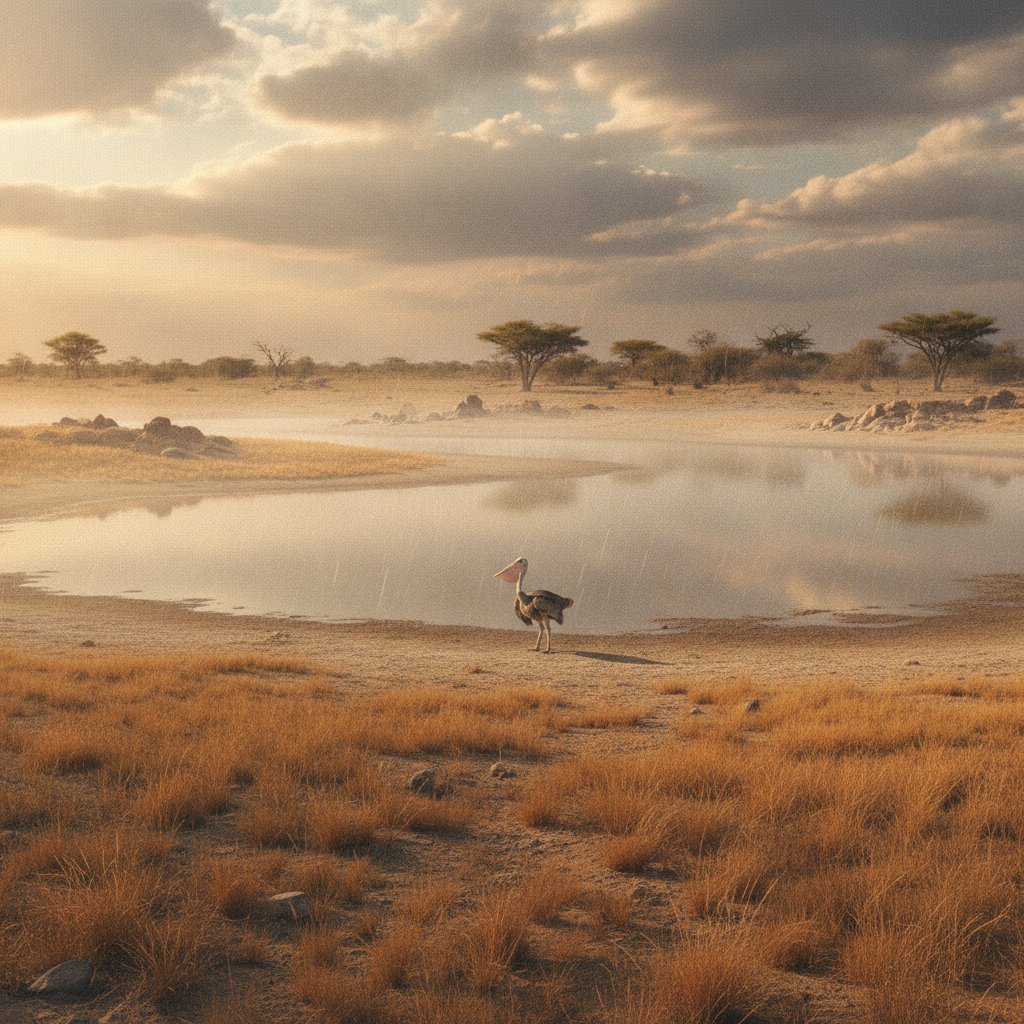 Pelicostrich in its natural habitat - Semi-arid grasslands adjacent to large freshwater lakes or slow-moving rivers