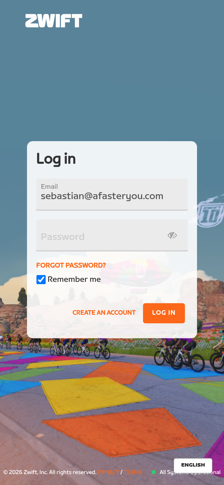 Pantalla de inicio de sesión de Zwift