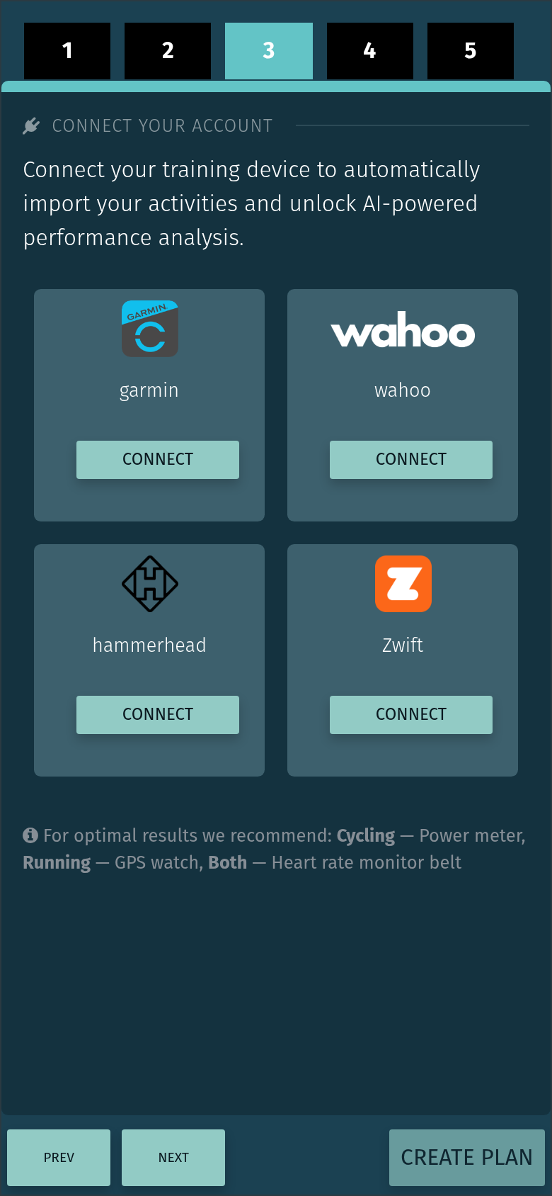 Pestaña Connections dentro del editor del plan mostrando la tarjeta de Zwift