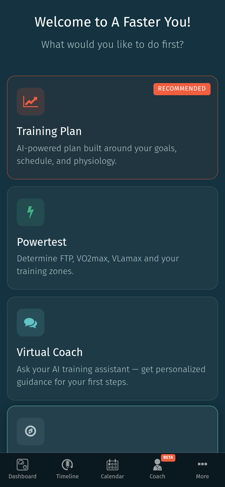 Selección de Training Plan en la pantalla de bienvenida