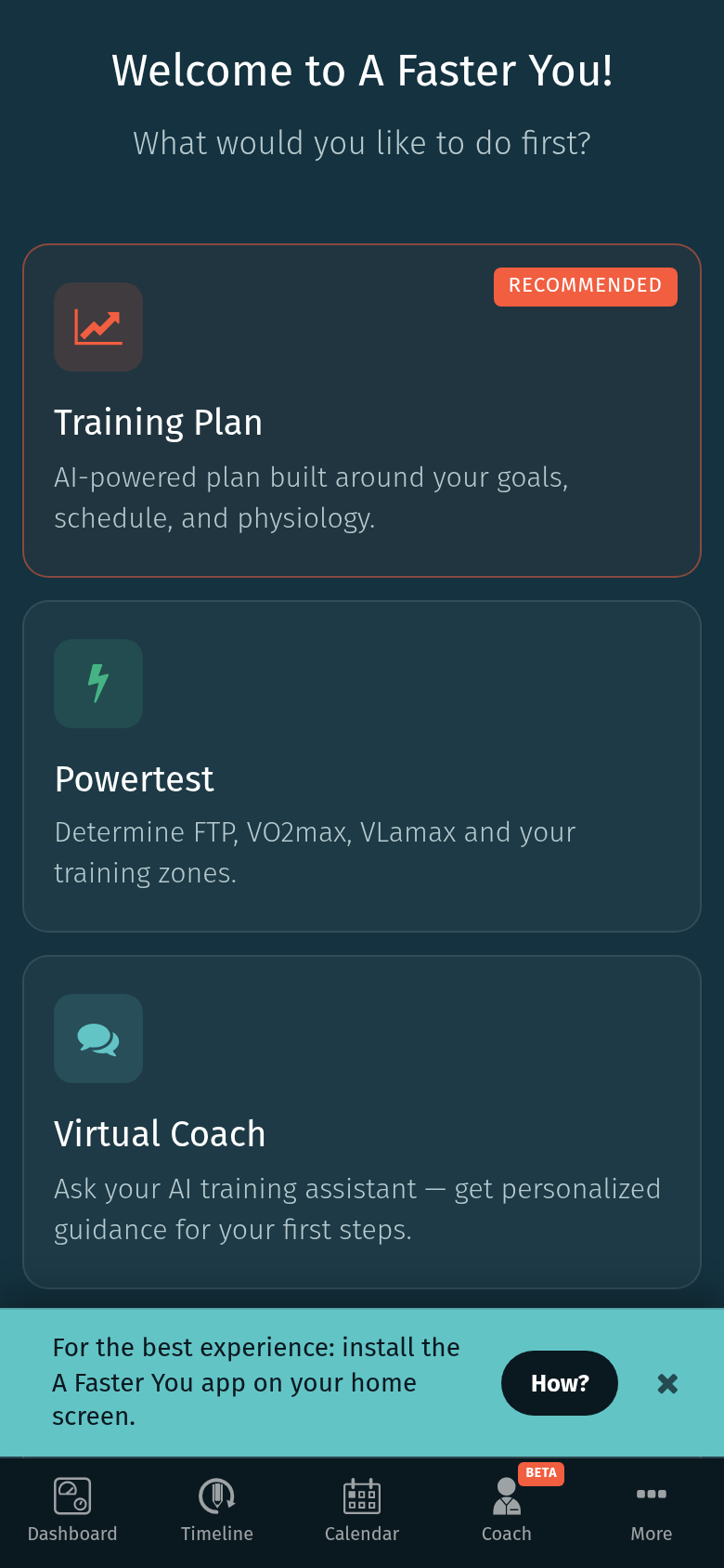 Pantalla de bienvenida con tres opciones: Training Plan, Powertest, Virtual Coach