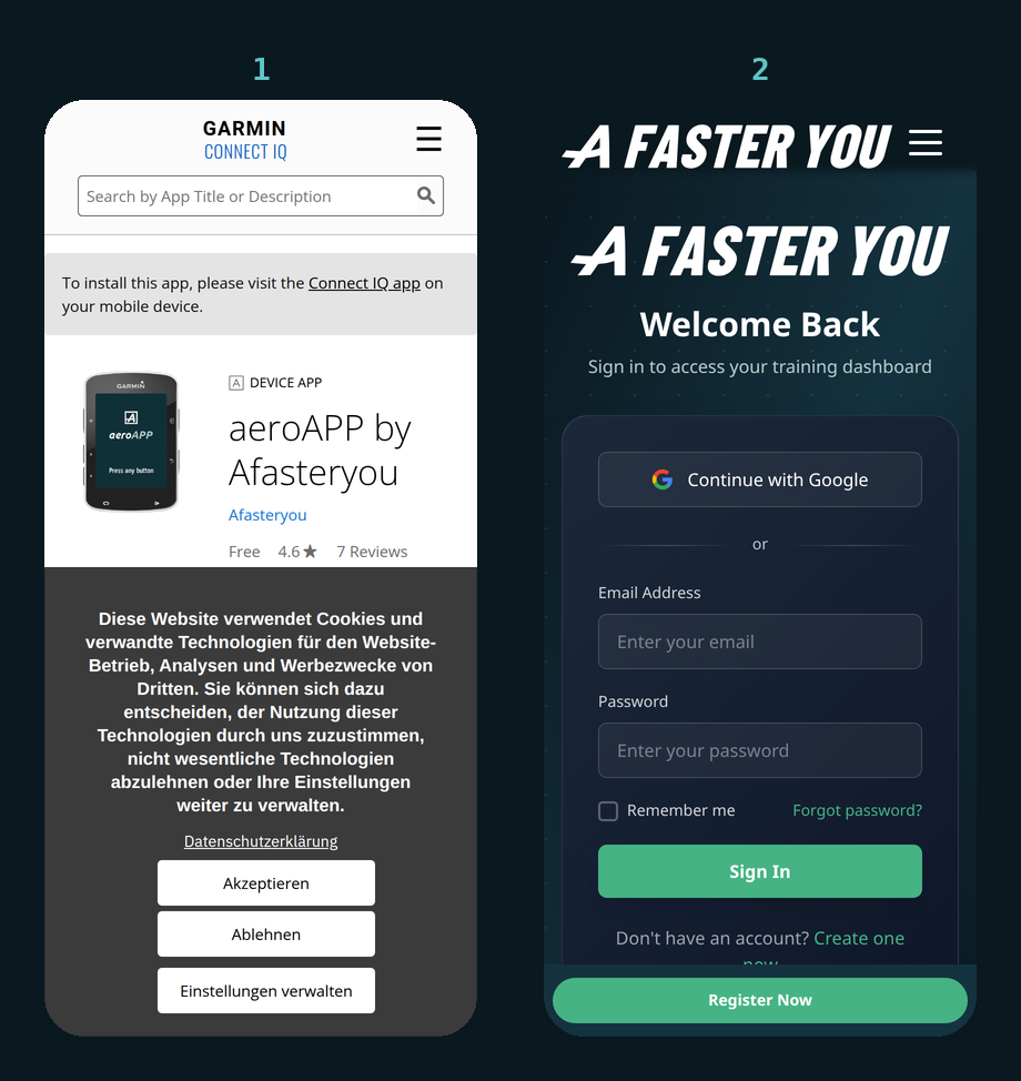 Zwei Handy-Bildschirme: die aeroAPP-Seite im Garmin Connect IQ Store und die Login-Seite von afasteryou.com, die sich beim aeroAPP-Login auf dem Handy öffnet
