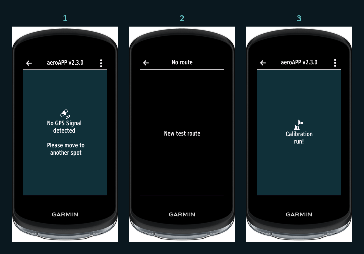Três telas do aeroAPP no início de uma sessão: ainda sem sinal GPS, o menu de rotas de teste oferecendo New test route, e o aviso da passagem de calibração
