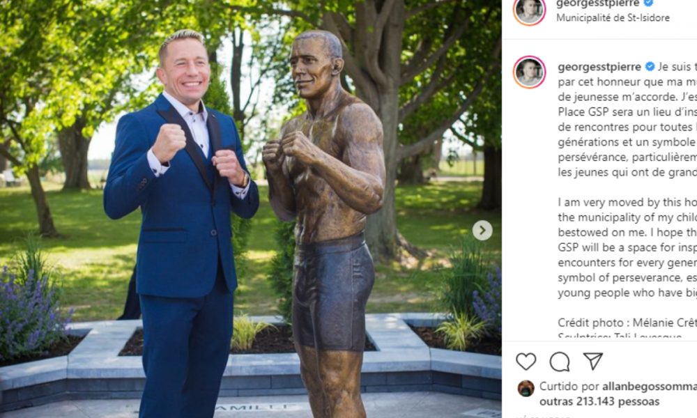 St-Pierre é homenageado em sua cidade natal e fãs comparam estátua a Barack Obama