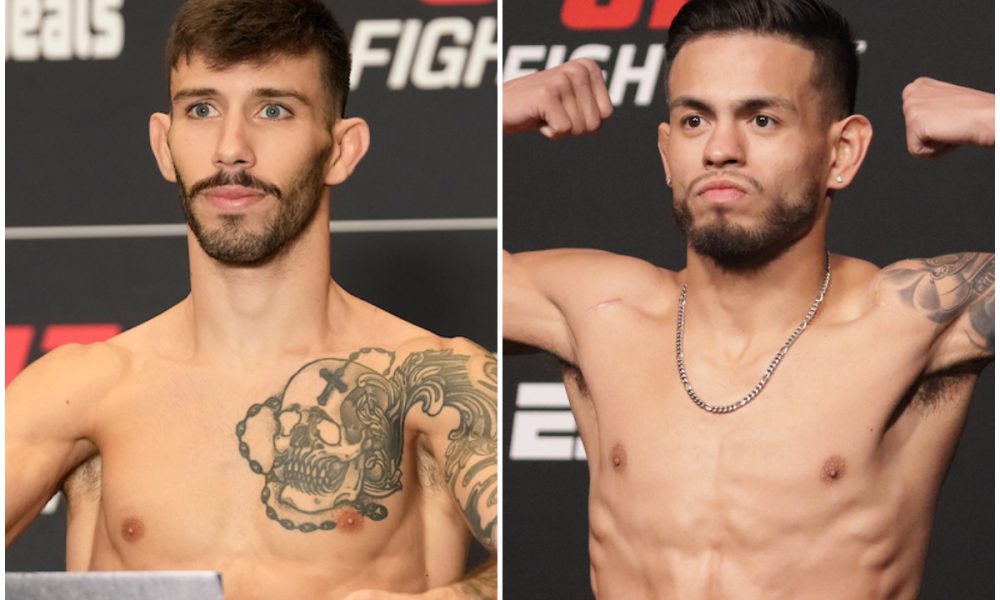 Montagem feita com Matheus Nicolau e Brandon Royval lado a lado ao posarem durante pesagens do UFC