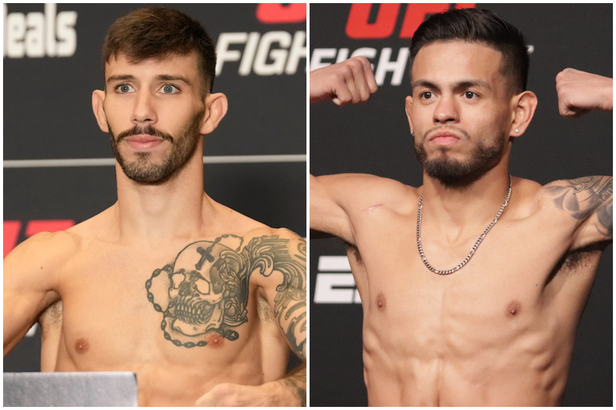 Montagem feita com Matheus Nicolau e Brandon Royval lado a lado ao posarem durante pesagens do UFC