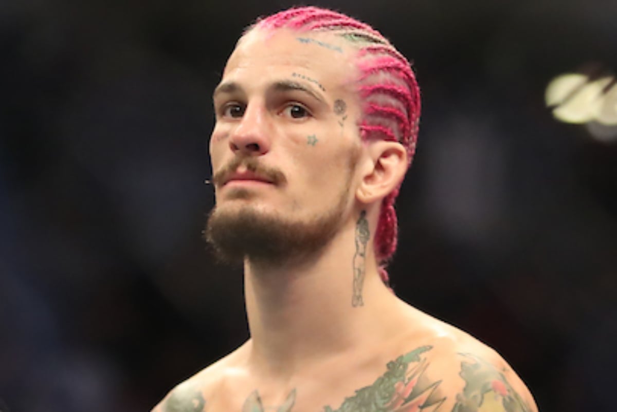 Sean O'Malley com o cabelo rosa e trançado durante uma de suas lutas no UFC