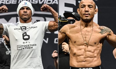Vitor Belfort e José Aldo se pesam antes de suas lutas de boxe